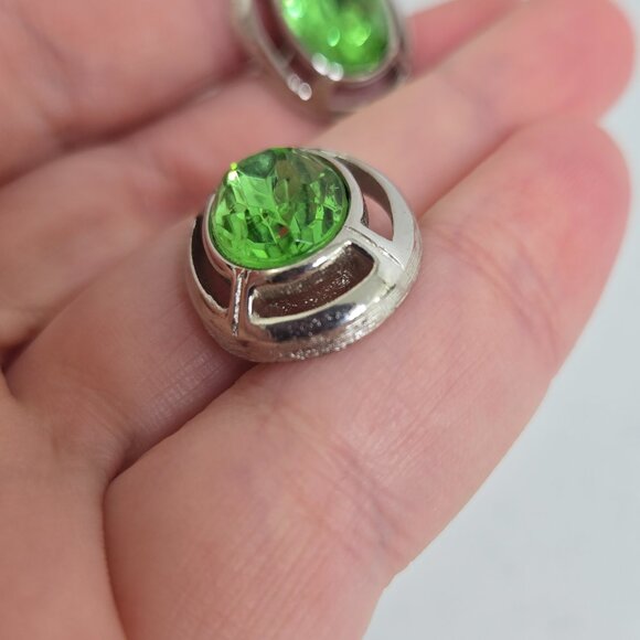 Swank Green Rhinestone Cufflinks Silver Tone Mens Oval Crystal Vintage - Picture 4 of 7